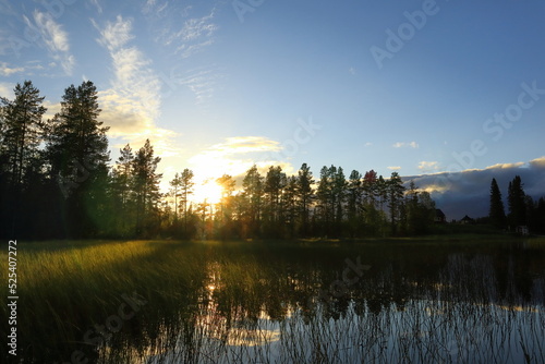 Nice lake or pond with green forest. Red houses in the background. Summer evening around sunset. July 2022. Jämtland, Sweden. photo