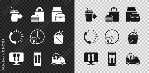 Set Coffee cup to go, Online ordering burger delivery, and, Cafe restaurant location, Fast by car, Food and Round the clock icon. Vector