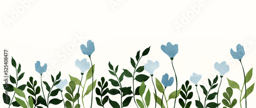 Watercolor blue flowers and rich green leaves and twigs. Wildflowers with watercolor texture. Botanical banner for wallpaper design, decor, coverings, packaging, interior design