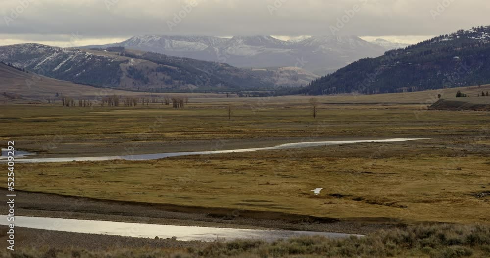 A river curves through grass plains in Yellowstone National Park A river curves through grass plains in Yellowstone National Park