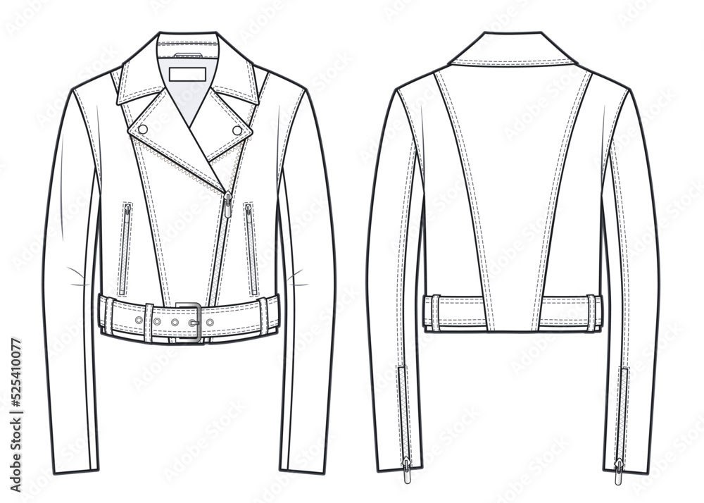 Unisex Biker Jacket fashion flat technical drawing template. Leather ...