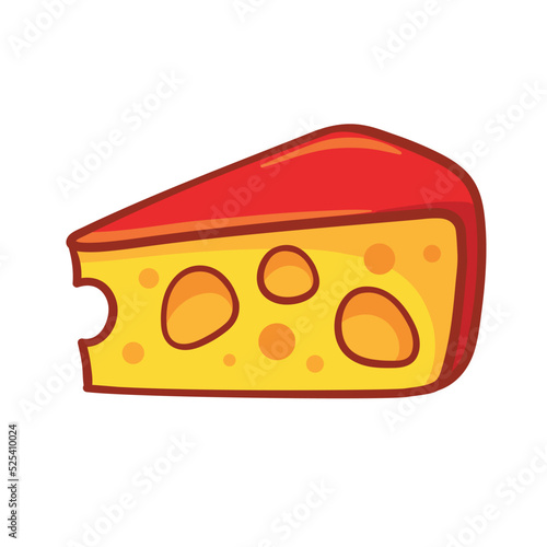 Piece of cheese in a red crust and with holes on a white background.