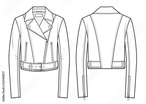 Unisex Biker Jacket fashion flat technical drawing template.  Leather belted Jacket technical fashion Illustration, front and back view, white colour, CAD mockup.