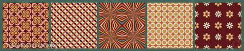 Set of 70 s seamless pattern. Retro geometric seamless background in seventies style. Yellow, orange, brown, pink, green vintage colors vector pattern
