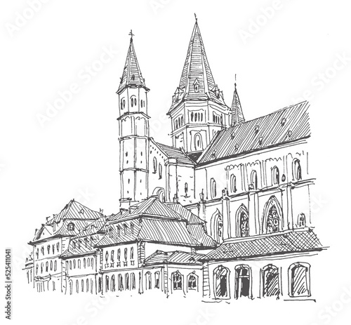 Travel sketch illustration of the Mainz Old Town  Germany. Sketchy line art drawing with a pen on paper. Hand-drawn old town. Urban sketch in black color on white background. Freehand drawing.