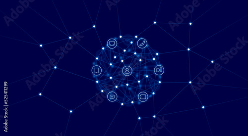 Abstract global communication background. Blue color. Dots and lines. Network connections.