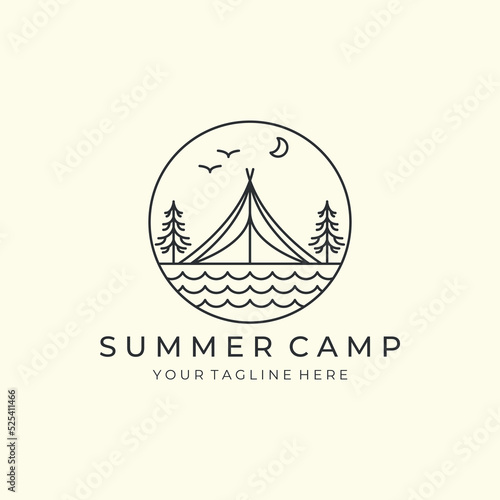 camp with linear and emblem style logo vector illustration. tent, adventure icon template design
