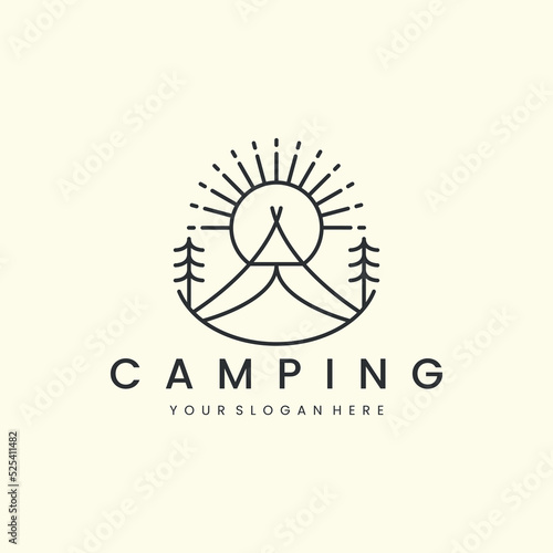camping with line art style logo vector illustration. tent, sun, tree adventure icon template design