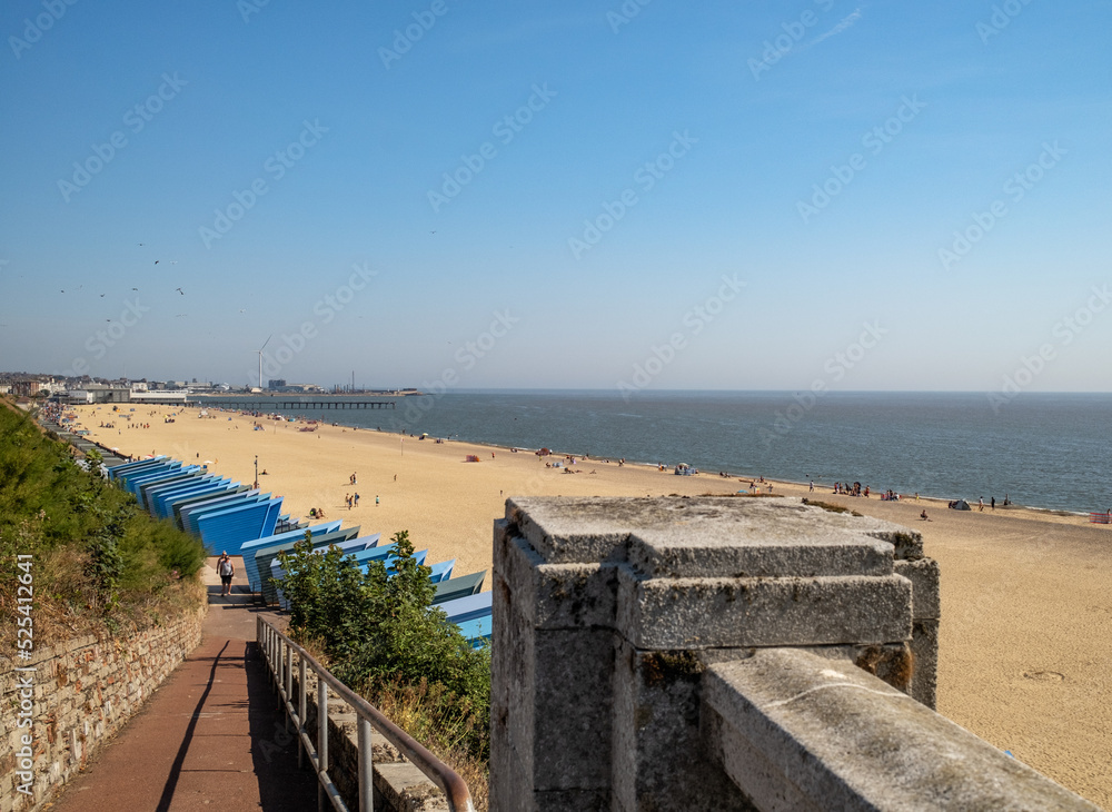A view over Lowestoft beach on the Suffolk coast. Captured from the cliff top on a bright and sunny morning