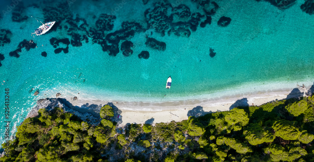 Obraz premium Aerial view of the beautiful coast of Skopelos island with thick pine tree forest, fine sandy beaches and emerald, turquoise sea, Sporades, Greece
