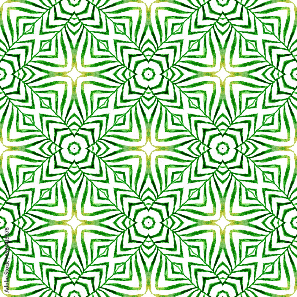 Textile ready rare print, swimwear fabric, wallpaper, wrapping. Green awesome boho chic summer design. Tiled watercolor background. Hand painted tiled watercolor border.