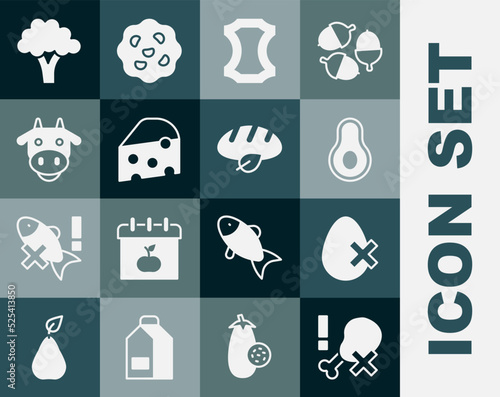 Set No chicken leg, egg, Avocado fruit, Leather, Cheese, Cow head, Broccoli and Vegan bread loaf icon. Vector