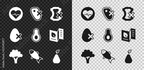 Set Heart rate, No meat, leather, Broccoli, Fish, Pear, egg and Avocado fruit icon. Vector