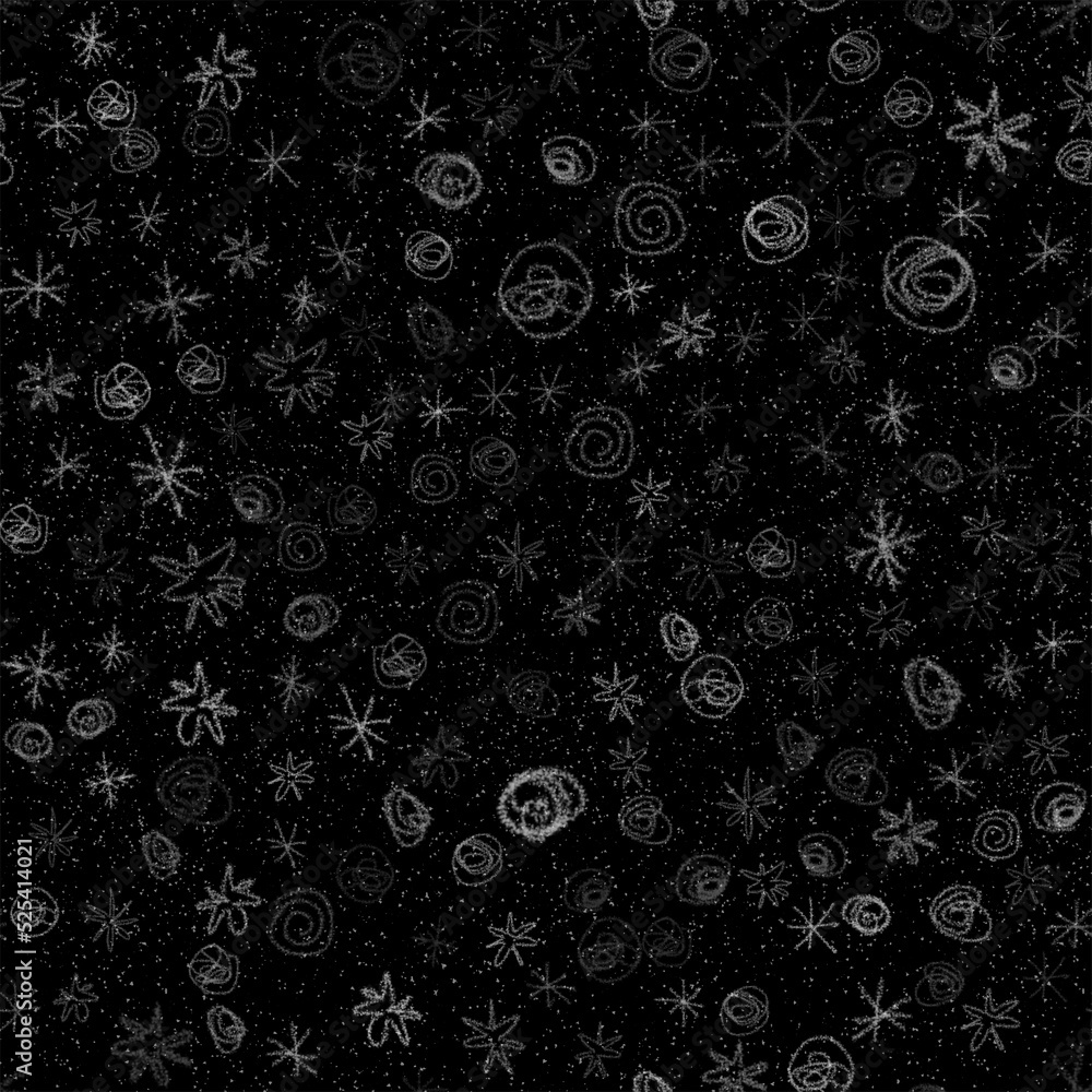 Hand Drawn Snowflakes Christmas Seamless Pattern. Subtle Flying Snow Flakes on chalk snowflakes Background. Authentic chalk handdrawn snow overlay. Majestic holiday season decoration.