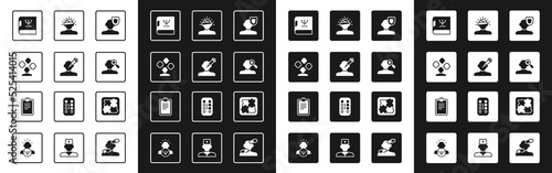 Set Psychology, Addiction to the drug, Schizophrenia, book, Finding problem in psychology, Concussion, headache, Solution and Psychological test icon. Vector