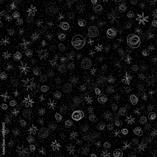 Hand Drawn Snowflakes Christmas Seamless Pattern. Subtle Flying Snow Flakes on chalk snowflakes Background. Authentic chalk handdrawn snow overlay. Majestic holiday season decoration.