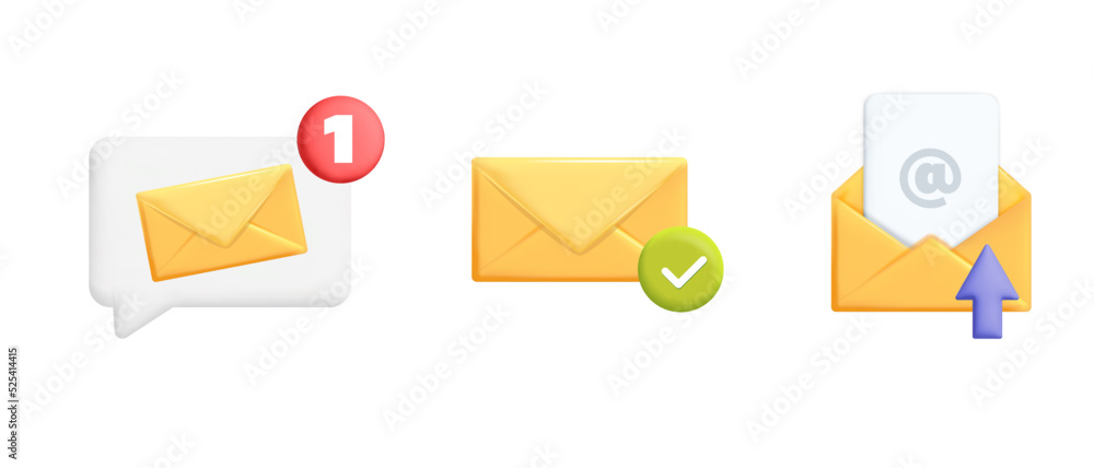 Collection of 3d vector yellow mail envelope icons illustration. Envelope with new notification message, send email letter, download document sheet of paper with, push notification with speech bubble Collection of 3d vector yellow mail envelope icons illustration. Envelope with new notification message, send email letter, download document sheet of paper with, push notification with speech bubble