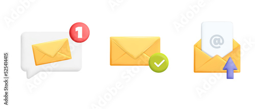 Collection of 3d vector yellow mail envelope icons illustration. Envelope with new notification message, send email letter, download document sheet of paper with, push notification with speech bubble