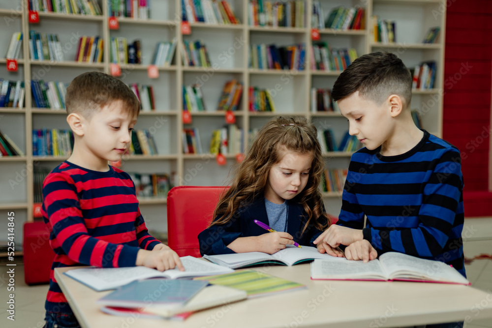 school children in the library reading books, doing homework, prepare a school project for lessons school children in the library reading books, doing homework, prepare a school project for lessons