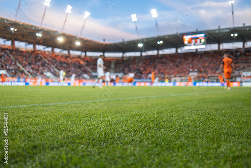 Detail of grass with soccer match in the background