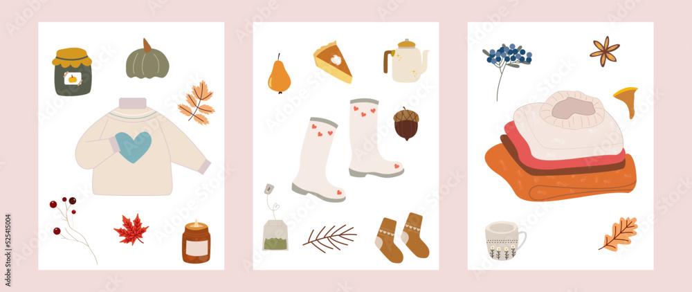 Vector set of autumn icons: sweater, falling leaves, cozy food, candle. Collection of autumn season elements. Bright background for harvesting. Autumn card.