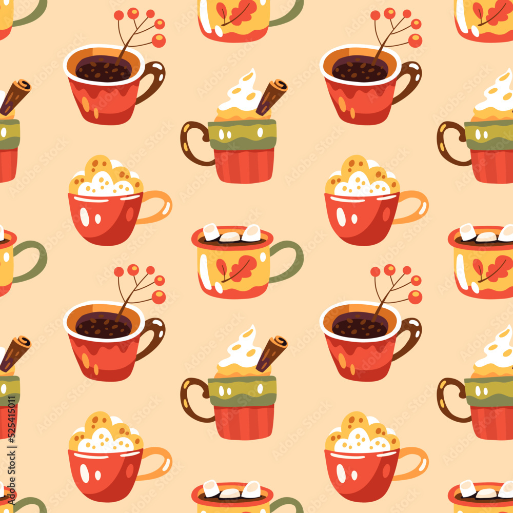 Seamless autumn pattern with hot coffee, cacao with marshmallows and berries. Warm hygge aesthetics. Food illustration. Cute colorful background. Flat cartoon hand-drawn style Seamless autumn pattern with hot coffee, cacao with marshmallows and berries. Warm hygge aesthetics. Food illustration. Cute colorful background. Flat cartoon hand-drawn style