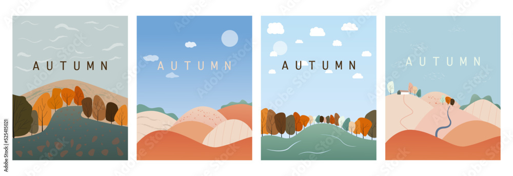 Vector flat illustration. Autumn nature, village and city landscapes. Illustration of natural, urban and rural backgrounds. Perfect for poster, card, banner, brochure or cover.