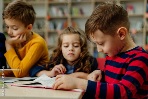 school children in the library reading books, doing homework, prepare a school project for lessons