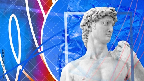 Classical antique sculpture of a man in white stone or marble. Motion. David masterpiece of Renaissance sculpture and colorful shapes.