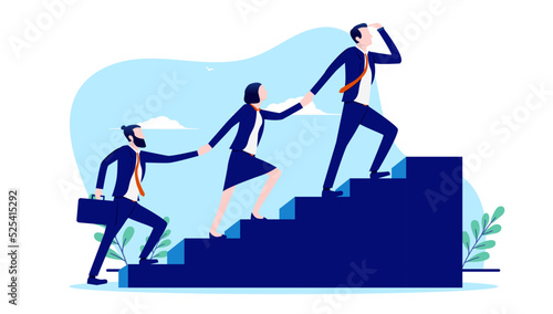 Business leadership - Businesspeople walking up stairs following the leader to the top. Flat design vector illustration with white background