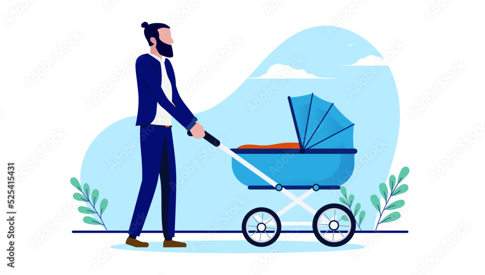 Dad walking with baby pram - Vector illustration of father with paternity leave out on a walk with stroller in flat design with white background - obrazy, fototapety, plakaty 
