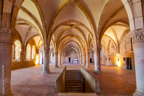 The empty hall of the canteen with the columns and the vaulted ceiling in the monastery of Alcobaca  Portugal
