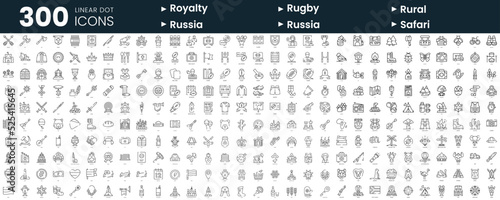 Set of 300 thin line icons set. In this bundle include royalty, rugby, rural, russia, safari