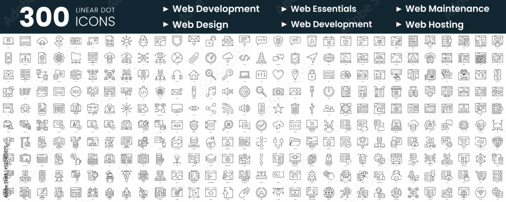 Set of 300 thin line icons set. In this bundle include web development, web essentials, web maintenance, web-design, web-hosting - obrazy, fototapety, plakaty 