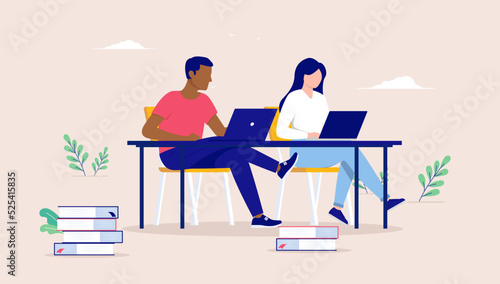 Students gaining knowledge - Two people studying and learning with books and computer sitting at desk in school. Education concept, flat design vector illustration