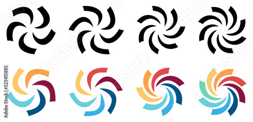 Circle arc cuts arranged in larger round, forming swirl or fan blades like symbol,  version with five to eight elements