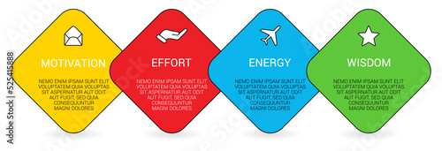Four rotated squares on the bias arranged next to each other, can be used as infographics element illustrating steps in process