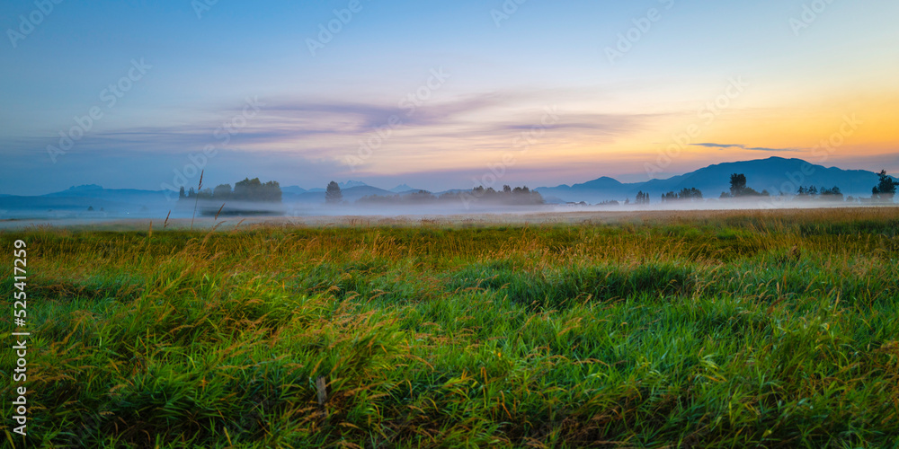 Sunrise over the foggy farmland in British Columbia, Canada 