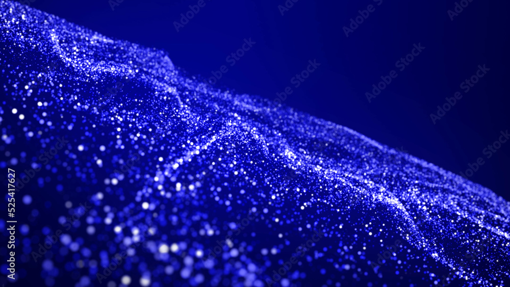 Abstract bg with blue magic glitters fly in air and form beautiful swirls. Sparkles float in viscous liquid. Sparkles in flow of turbulence forces. 3d render