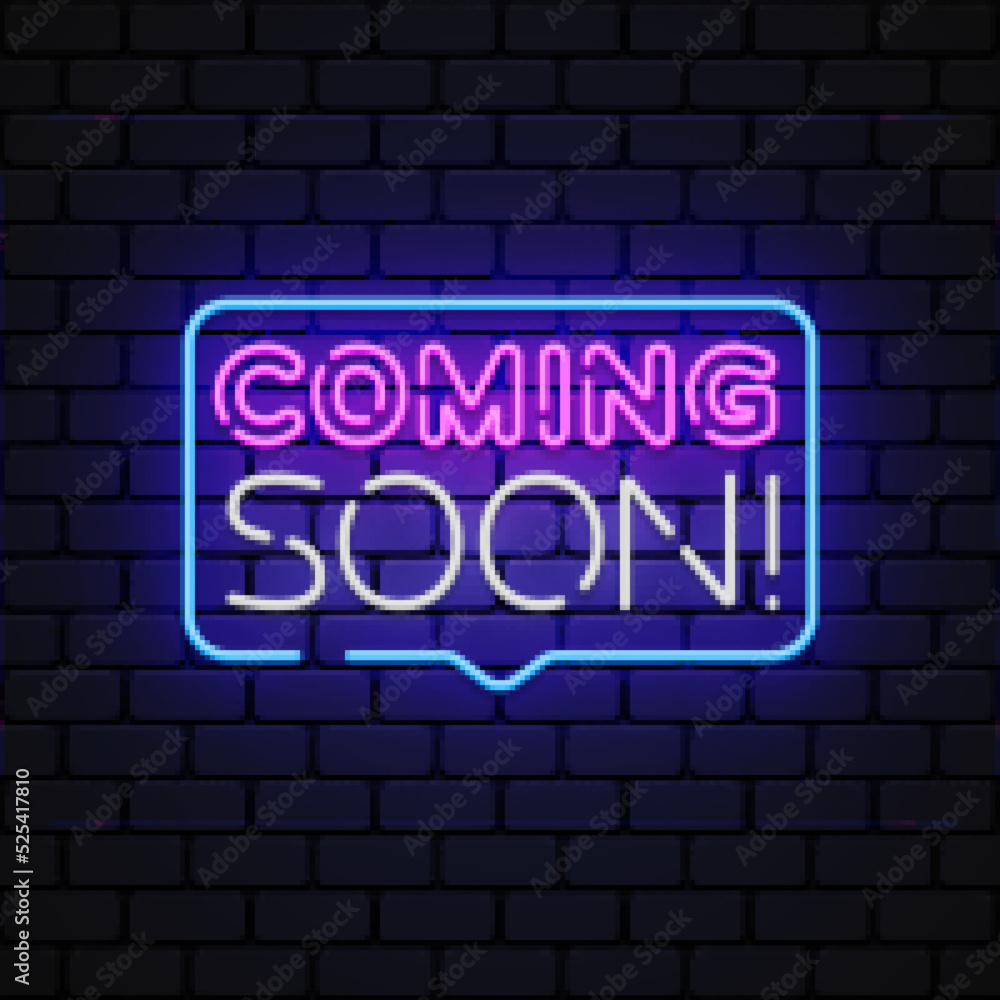 Obraz premium Coming soon Neon for concept design. Advertising banner template. Discount promotion. Vector illustration