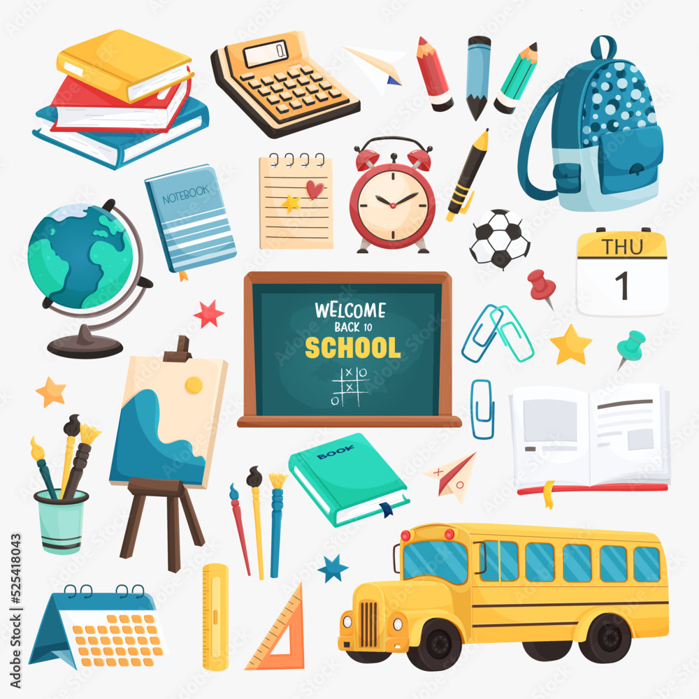 Welcome back to school collection of elements. Big set of school supplies and subjects: school bus, backpack, brushes, school board, pencil, notebook, books, etc. Vector illustration in cartoon style.