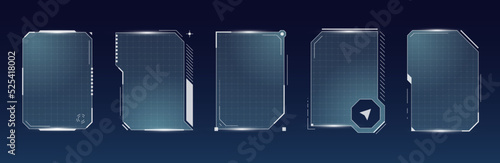 HUD digital futuristic user interface square frame set. Sci Fi high tech screens. Game menu touching cyber monitoring dashboard panels. Cyberspace head-up display GUI or FUI information signs. Vector