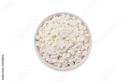 Cottage cheese in a bowl on a white isolated background