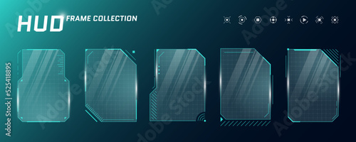 HUD digital futuristic user interface square vertical frame set. Sci Fi high tech screens. Game menu touch monitoring dashboard panels. Cyber space head-up display GUI or FUI information signs. Vector