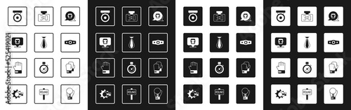 Set Boxing helmet, Punching bag, gong, belt, Sport mechanical scoreboard, glove and MMA icon. Vector