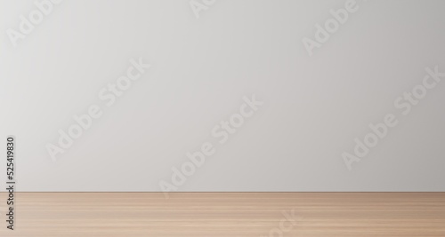 Empty room with a white wall and wood floor. Minimal room background.