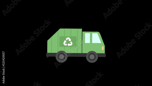 Green garbage truck with a recycling icon on the side photo