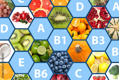 Banner with different vitamins, fresh fruits and vegetables photo