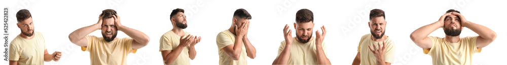Set of stressed young man on white background Set of stressed young man on white background