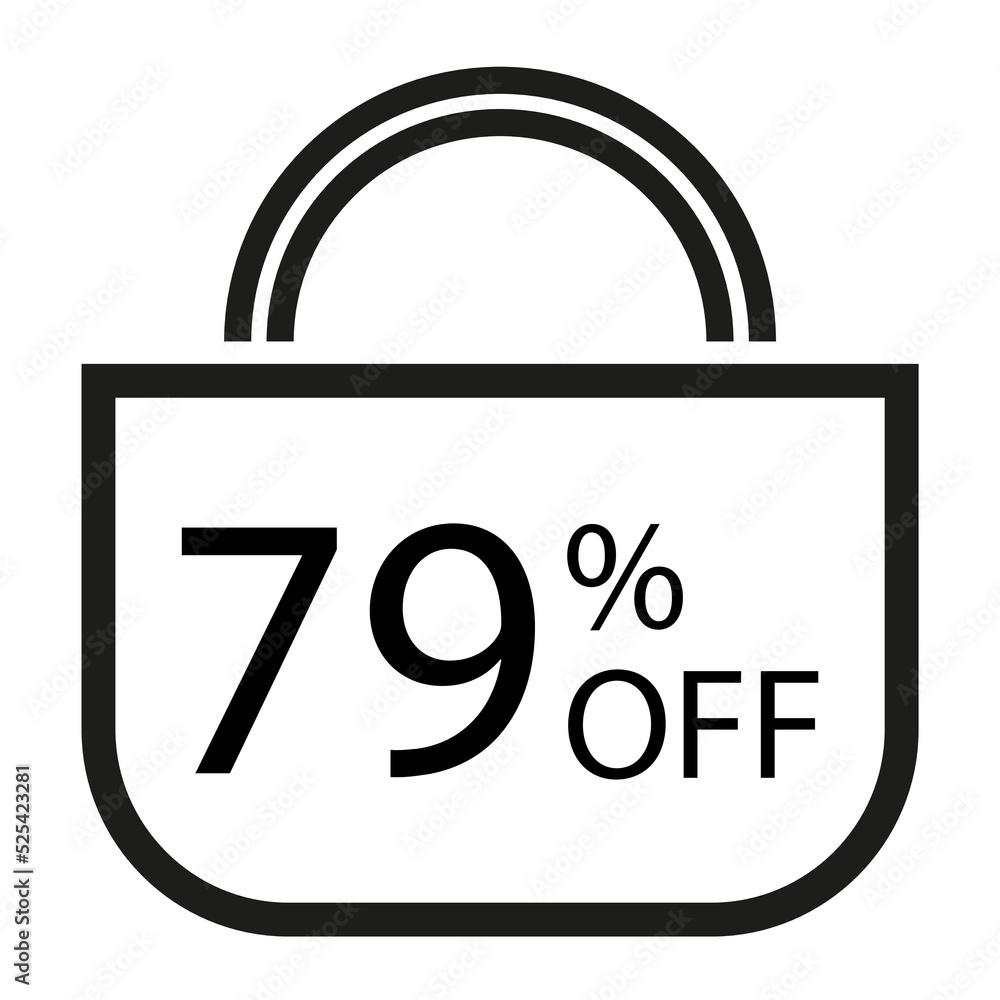 79 percent off. White banner with shopping bag illustration. 79 percent off. White banner with shopping bag illustration.